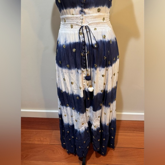 GOA‎ Paris Blue & White Asymmetric Hem V Neck Midi Dress Floaty Fairycore Sz M - Picture 2 of 14